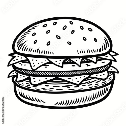 Classic double cheeseburger drawing with sesame seeds on bun, perfect for food menus, posters, and culinary branding projects, capturing deliciousness