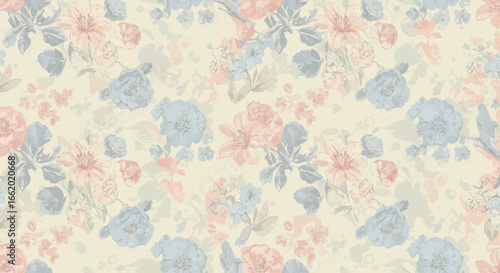 Vintage seamless floral pattern with faded pastel roses and leaves. Elegant shabby chic vector illustration for fabric or wallpaper.