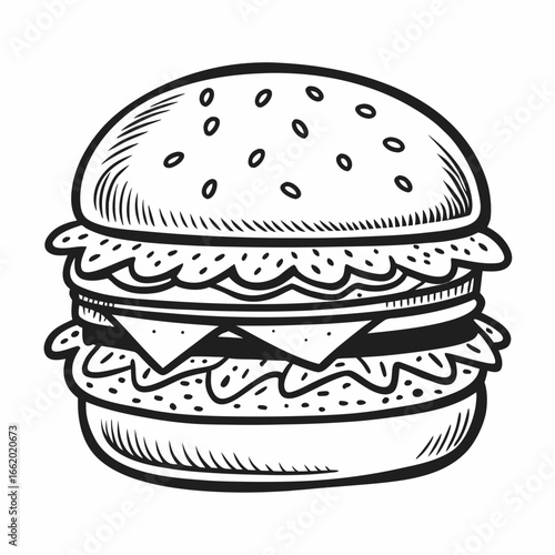Craving a delicious, hand-drawn burger masterpiece ready to elevate your menu design or food branding projects with its classic appeal and mouthwatering detail