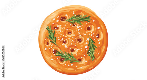 Hand-Drawn Focaccia Illustration with Rosemary Sprigs and Coarse Salt Depicting Italian Culinary Tradition and Rustic Baking Artistry