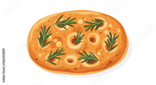 Delicious and inviting focaccia bread with fresh rosemary sprigs illustration featuring a golden crust and aromatic herbs