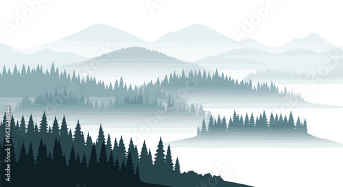 Vectorial misty mountain landscape illustration with evergreen trees and silhouettes creates a serene scene evocative of tranquility and natural