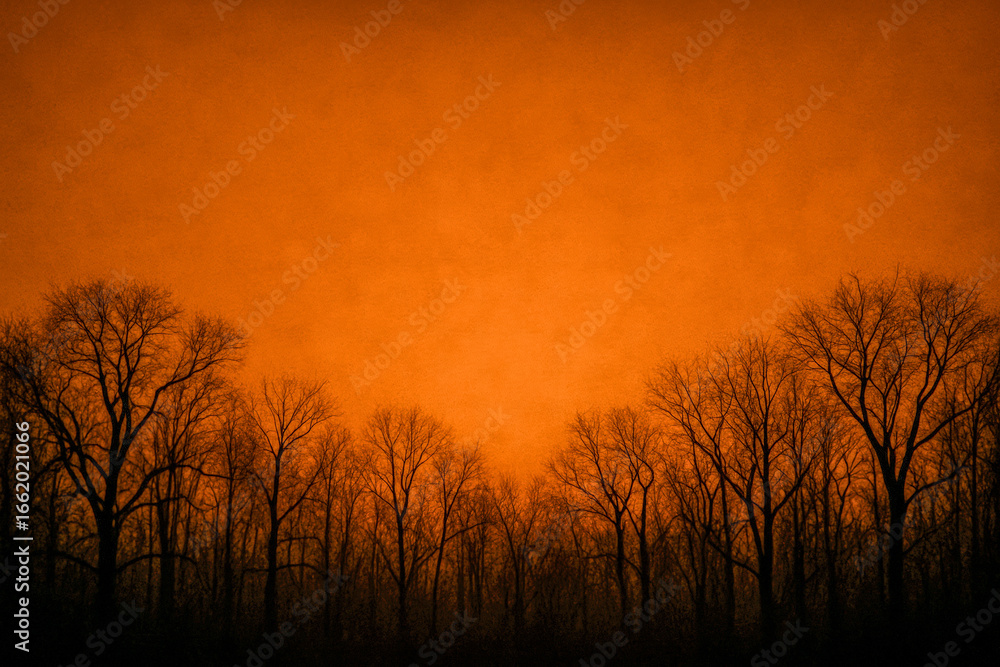 Fototapeta premium Dark spooky forest silhouette with bare trees against a glowing orange sky, eerie autumn landscape background perfect for Halloween themes, seasonal nature scenery with haunting atmosphere