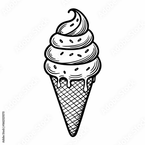Delicious hand-drawn ice cream cone illustration, perfect for summer treats, dessert menus, food blogs, and branding projects, evoking feelings of joy and sweetness