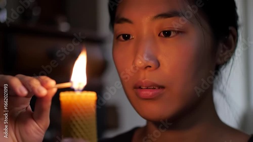 Wallpaper Mural Woman lights a beeswax candle with a wooden matchstick flame Torontodigital.ca