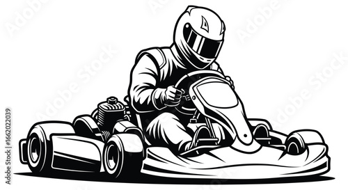 Dynamic go kart racer in full racing gear in action sketch style vector