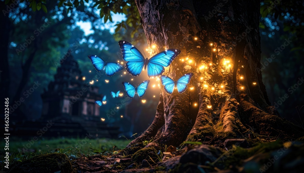Fototapeta premium Blue butterflies around tree with temple backdrop, and fantasy forest.