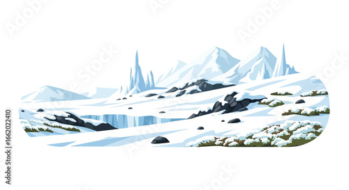 Serene vista of a frosty mountain landscape with sharp ice formations and scattered rocks under a pale blue sky untouched solitude