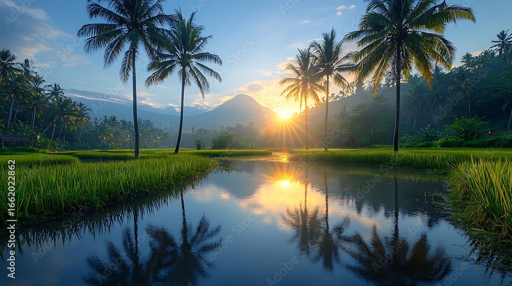 Obraz premium Tranquil sunrise landscape with palm trees and water reflections