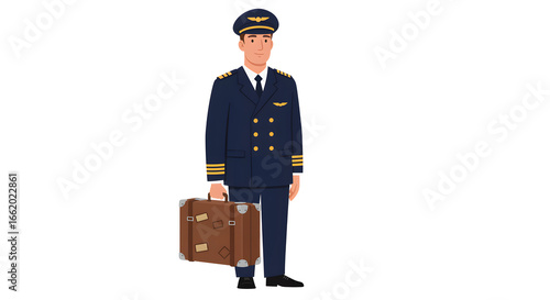 Professional airline pilot character in a full uniform holding a suitcase, a vector illustration of an aviator ready for flight