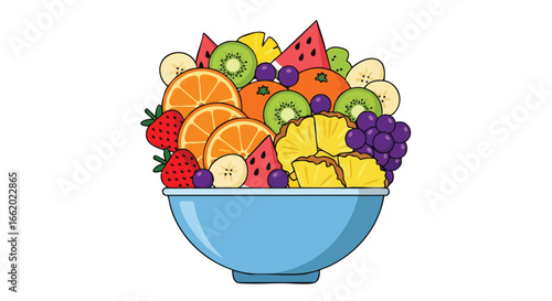 Vibrant fruit medley in a blue bowl displaying an assortment of flavors and textures showcasing a healthy and fresh culinary creation