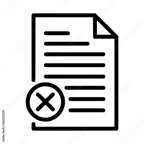 A simple line vector icon depicting a rejected, failed, or canceled document or file. 