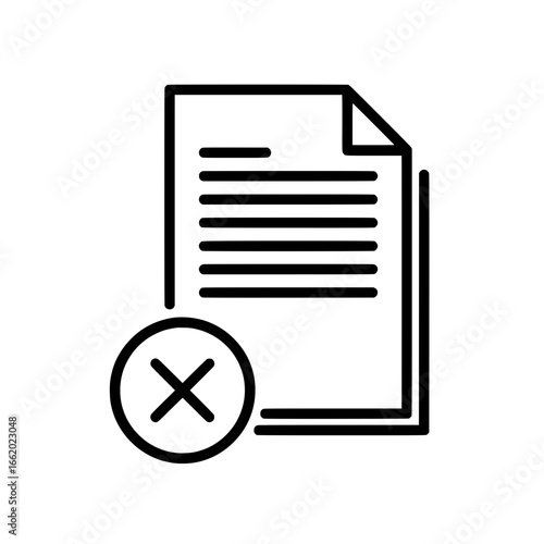 A simple line vector icon depicting a rejected, failed, or canceled document or file. 