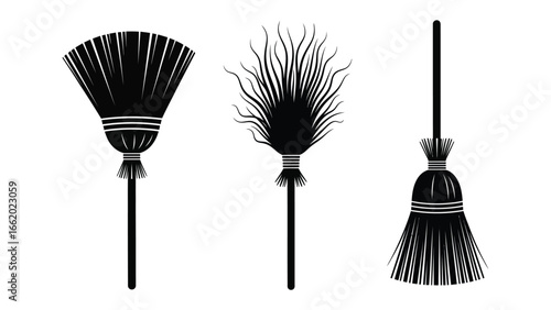 Broom Collection: Three detailed brooms with diverse designs stand in stark silhouette against a blank backdrop.