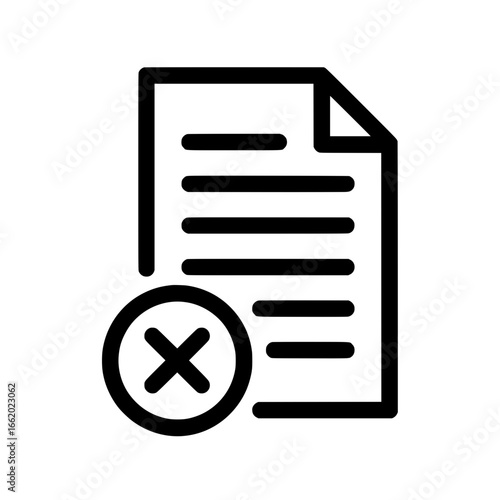 A simple line vector icon depicting a rejected, failed, or canceled document or file. 