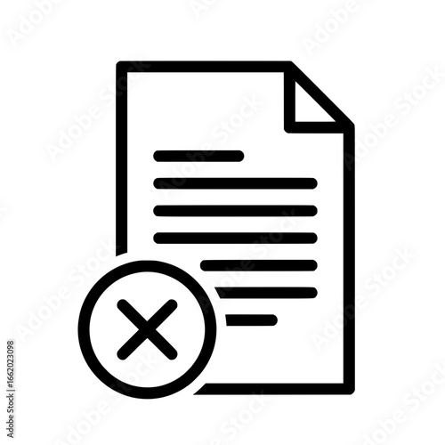 A simple line vector icon depicting a rejected, failed, or canceled document or file. 