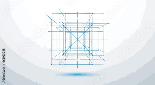 Stylized depiction of wireframe cube floating in space, connecting network lines with minimalist design symbolizing connectivity and modernity