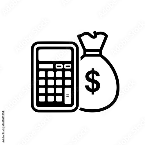 Minimalist line illustration of a calculator beside a money bag with a dollar sign, symbolizing financial management, accounting, and budget planning.