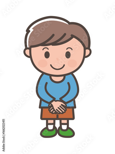 Polite Cartoon Boy with Hands Folded in Front