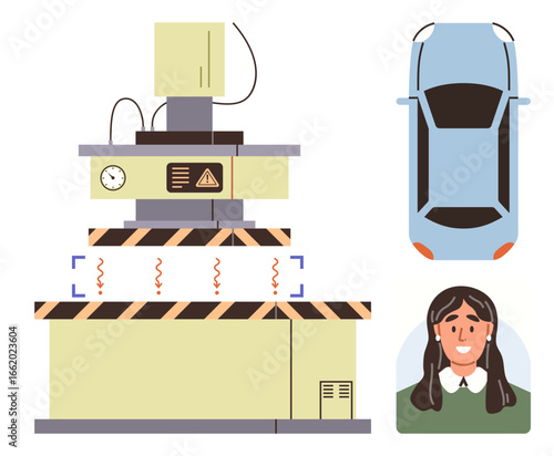 Automated car inspection device assessing vehicle condition with operator portrait. Ideal for automotive testing, technology, safety, industry, automation, engineering, efficiency. Simple flat