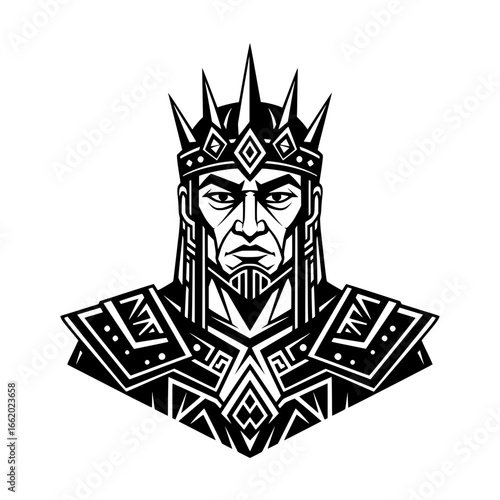 An illustration of the head and shoulders of a powerful king or leader with a spiky crown and tribal ornaments. 