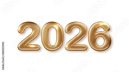 New Year 2026 gold realistic number isolated on transparent background. 