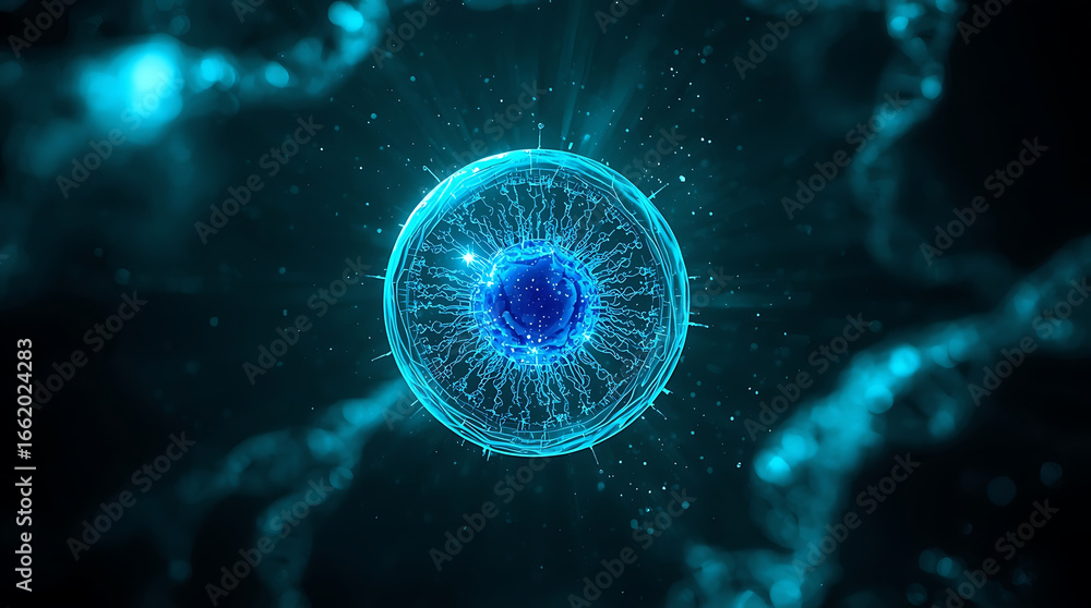 Fototapeta premium Glowing Blue Cell with Intricate Internal Structure in Dark Environment