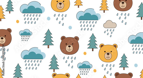 Cute cartoon bears and rain clouds forest pattern for kids