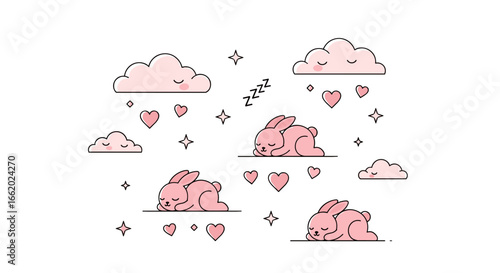 Adorable sleeping bunnies in pink clouds and hearts with sparkles under the night sky