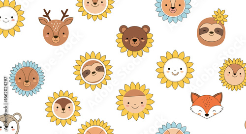 Charming woodland creatures and sunflowers adorning a cheerful backdrop