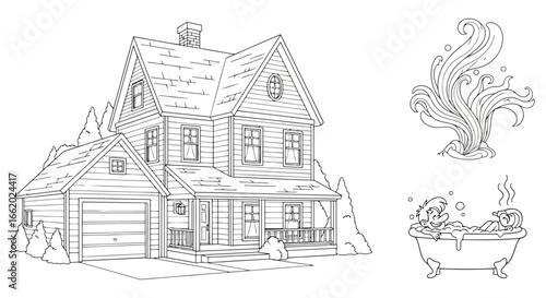 Artistic sketch of a classic american home with a porch and lush surroundings vector