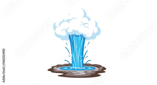 Cartoon rendition of a geyser erupting with vapor cloud on a white background presenting nature's powerful forces in a simple way
