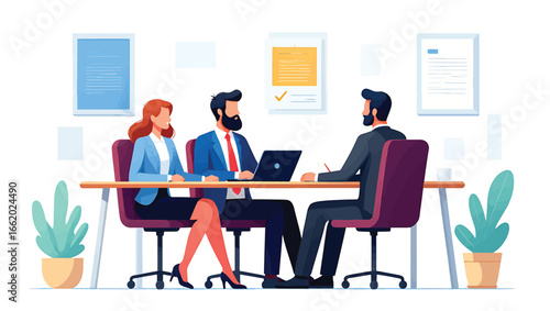 HR team interviewing a job candidate in a modern office conference room. Business recruitment and hiring concept vector illustration.