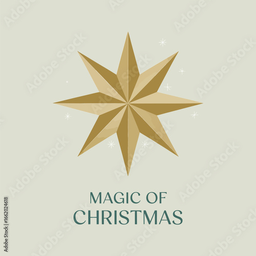 Shining eight point star vector, magic of Christmas lettering, classic holiday emblem, elegant design for invitation poster