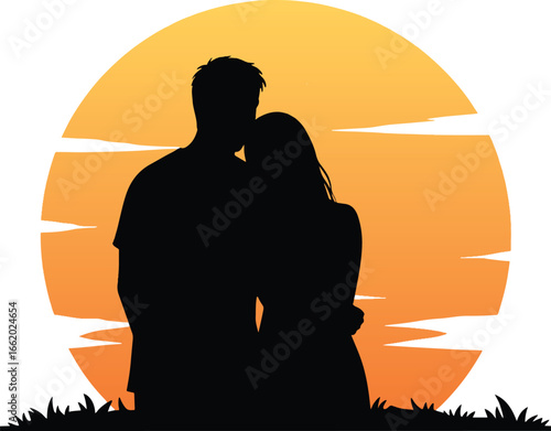 Loving couple looking at sunset silhouette vector