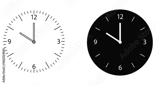 Two clocks showing five o'clock one with a white face the other with a black face vector