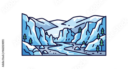 Charming cartoon rendition of icy peaks, reflecting the serenity of a remote and untouched arctic or antarctic landscape illustration