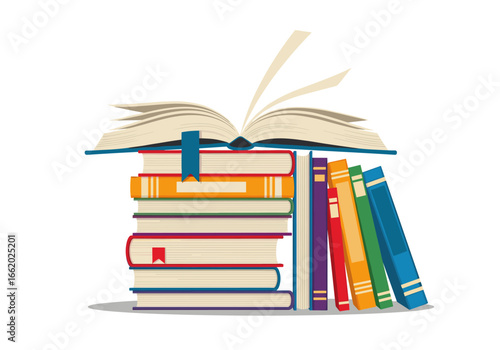 An open book resting atop a tall stack of colorful hardcover books with a bookmark