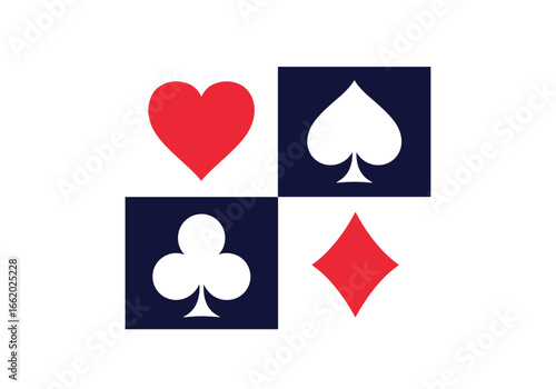 The classic symbols of playing cards representing the four suits of hearts spades clubs and diamonds in a modern graphic design