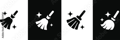 Cleaning broom icons, dust brush symbols, sweeping tool illustrations, house cleaning, janitorial equipment, dust removal, tidy home, clean environment, 