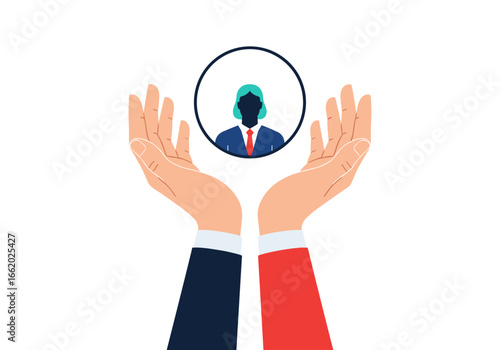 Two hands gently protecting a silhouette of a professional in a circle symbolizing care and support