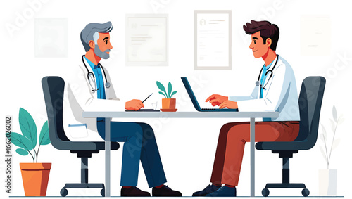 Two male doctors discussing a case in a modern clinic office. Vector illustration of medical professionals in consultation.