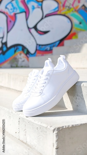 Pair of white leather sneakers on concrete steps with colorful graffiti background