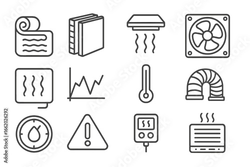 Temperature Management Icons. Line style icons of temperature management gear: thermal wrap, inner insulation board, top