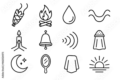 Spiritual Cleansing Icons. Line style icons of spiritual cleansing: burning sage bundle, purification fire, spiritual water