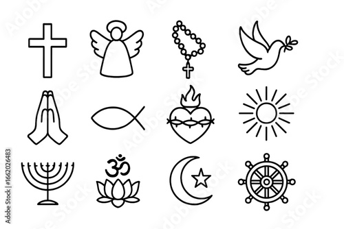 Religious Tattoo Symbols. Line style icons of religious tattoo symbols: cross, angel, rosary, dove, praying hands, fish symbol,