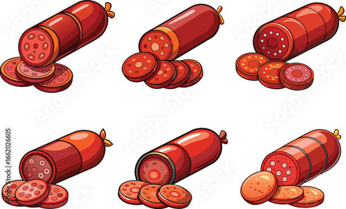 Cartoon assortment of salami and pepperoni sausage on a white background