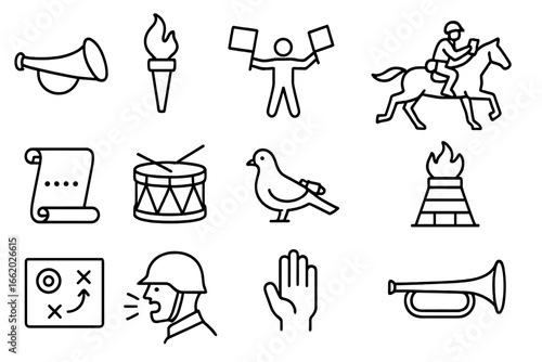 War Communication Icons. Line style icons of war communication: war horn, torch signal, flag semaphore, battlefield messenger,