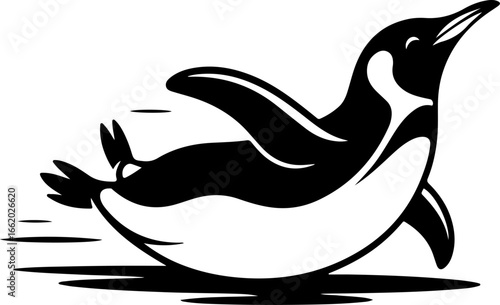 black silhouette of a playful penguin sliding belly-first on the ground