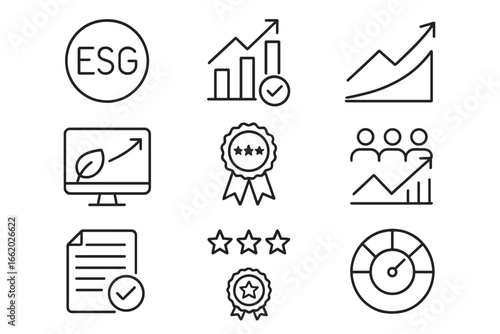 Ethical Investment Icons. Line style icons of ethical indexes and benchmarks: ESG index symbol, ethical benchmark chart, clean